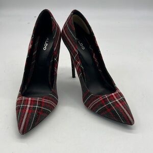 Aldo Red Tartan High Heels with White Racing Stripes size 6